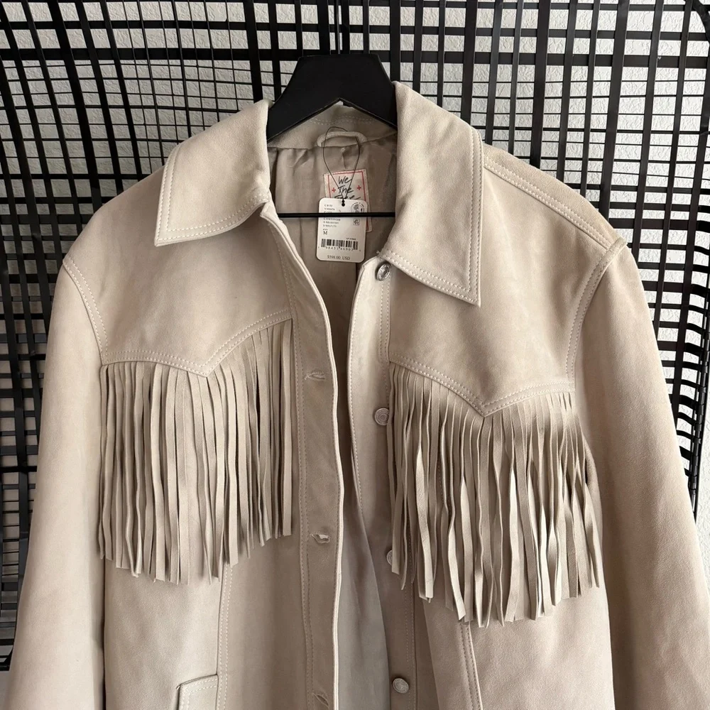 Free People Beige Fringe Leather Jacket